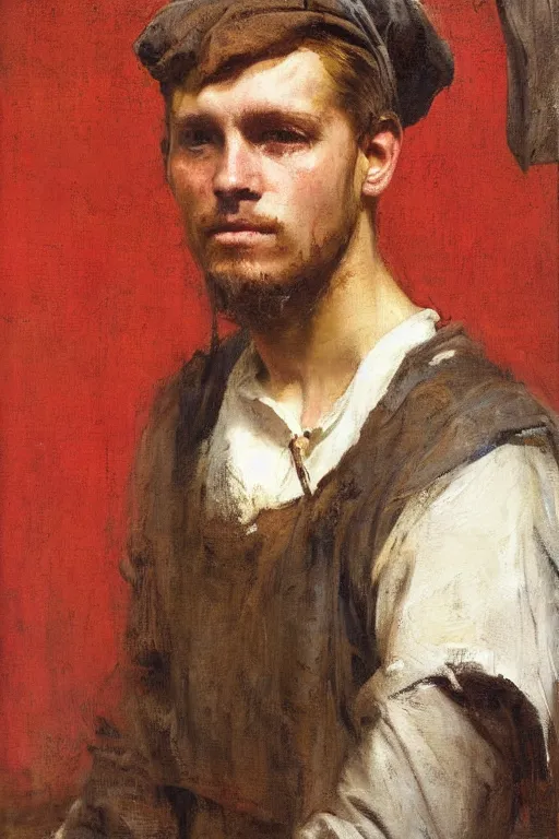 Image similar to Solomon Joseph Solomon and Richard Schmid and Jeremy Lipking victorian genre painting full length portrait painting of a young peasant farmer working in the field, red background