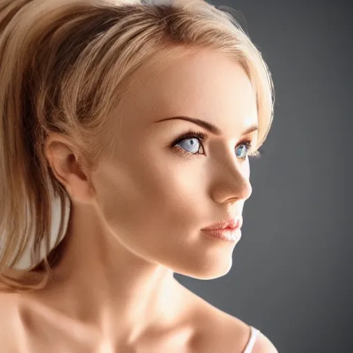 Image similar to a beautiful photo of a very beautiful blonde woman with her head tilted backwards, god ray across her face, front shot, close - up, hyper detailed, high contrast, bokeh background, realistic, 3 5 mm, 4 k