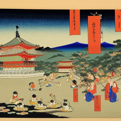 Image similar to The Feudal City of Kyoto, Ukiyoe Oshika Painting, Detailed, complex colour scheme, featured on louvre