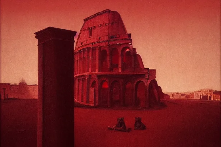 Image similar to only with red, caesar after war, the great deal, a red tiger, in hoc signo vinces, rome in background, an ancient path, in the style of beksinski, part by hopper, part by rodcenko, part by hofbauer, intricate composition, red by caravaggio, insanely quality, highly detailed, masterpiece, red light, artstation