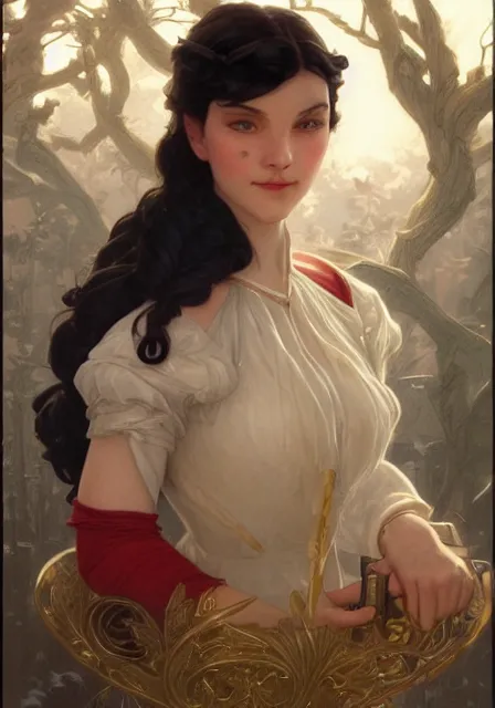 Image similar to snow white and hunter, intricate, elegant, highly detailed, digital painting, artstation, concept art, smooth, sharp focus, illustration, art by artgerm and greg rutkowski and alphonse mucha and william - adolphe bouguereau