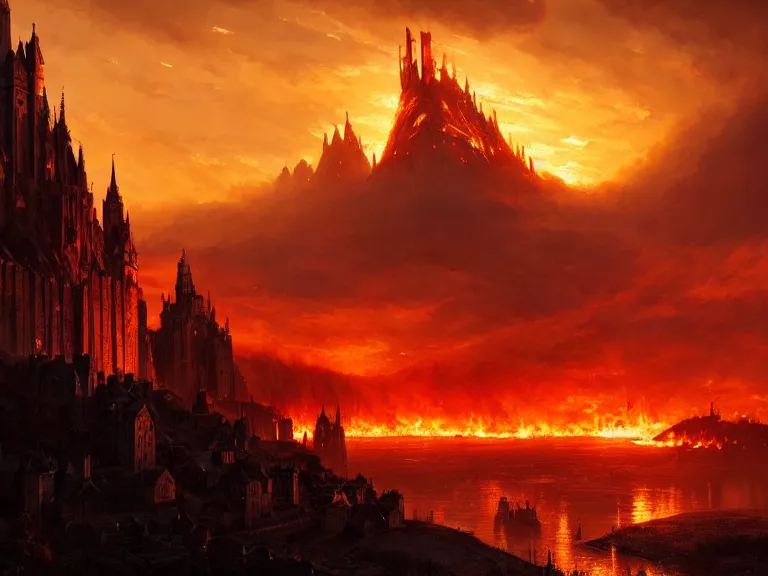 Prompt: medieval cities on fire, lord of the rings, game of thrones, unreal 5, cinematic, 8 k, unreal engine, beautiful, smoothly, sunset, concept art, artstation, by wlop, by greg rutkowski, oil painting