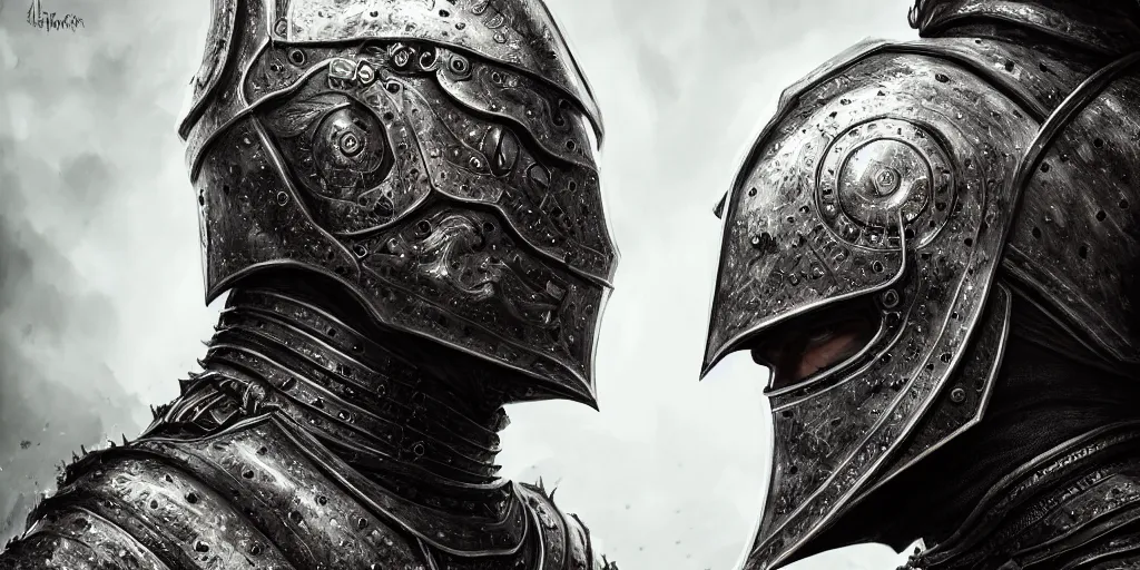 Prompt: portrait of a symmetric detailed man in realistic detailed medieval armor facing off against a monster, ultra realistic, epic, highly detailed, hd, sharp focus, cinematic lighting, realistic, vivid colors, gritty, matt painting, digital art, non blurry, sharp, artstation, concept art, smooth, illustration