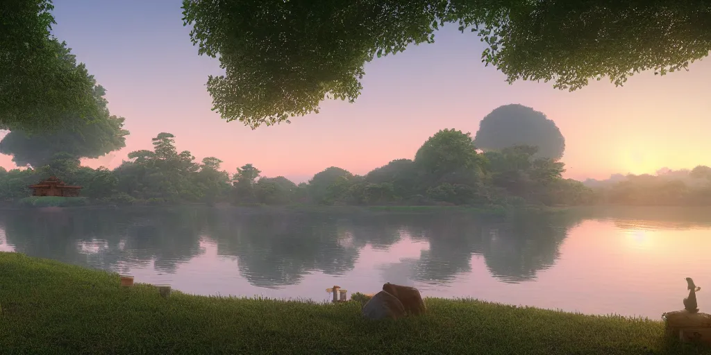 Image similar to a serene landscape with singular building near a lake with lotus at sunrise, pixar style, ghibli studio anime style, 8 k, hdr, octane render, unreal engine 5