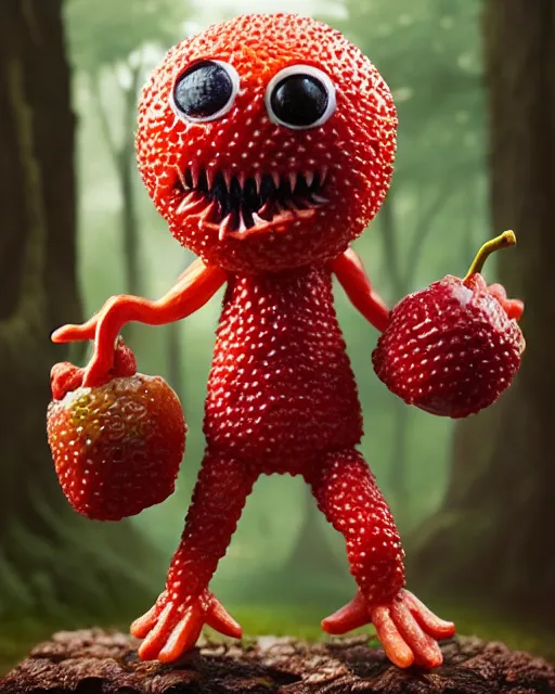 Image similar to a fruit figurine monster made of different fruit, 3 4 5 3 1, walking around in a forest, staring wide open eyes, open mouth, very detailed eyes, trees in the background, sunlight, oil painting, highly detailed, dramatic lighting, hyperrealistic, 8 k, smooth, intricate, artstation, cgsociety, by artgerm, by wlop