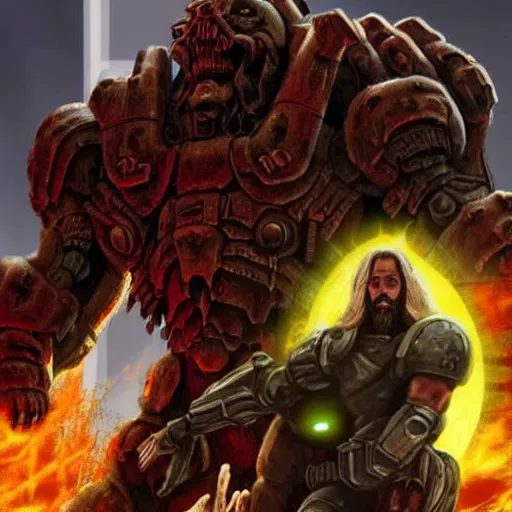 Prompt: Jesus Christ is the Doom slayer, conquering demons, cinematic realistic scene