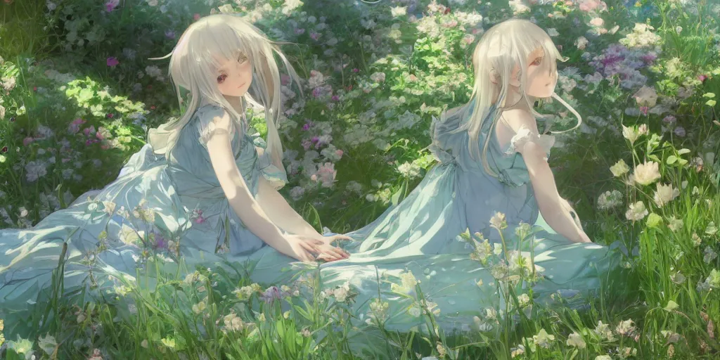 Image similar to a depressed digital art, loli in dress, garden, green and warm theme, blue accents, back lighting, highly detailed, 4 k resolution, trending on art station, by krenz cushart and mucha and akihito yoshida and greg rutkowski and makoto shinkai