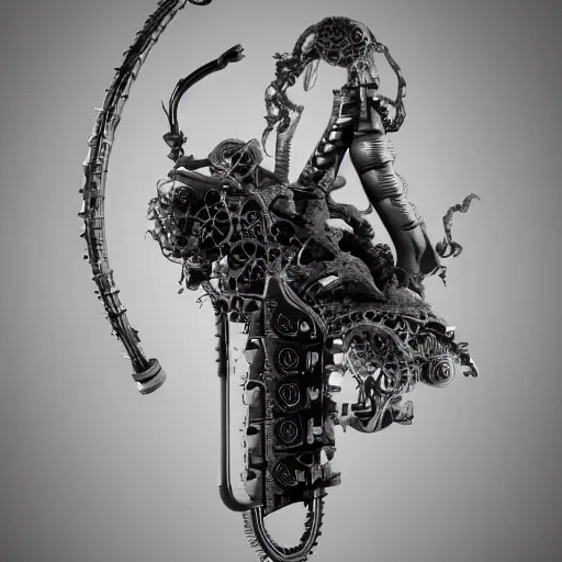 Image similar to mythical black and white organic bio - mechanical rendering of an axe and a computer. highly detailed, intricate steampunk ornate, poetic, 3 d render, digital art, octane render, 8 k artistic photography, photo - realistic