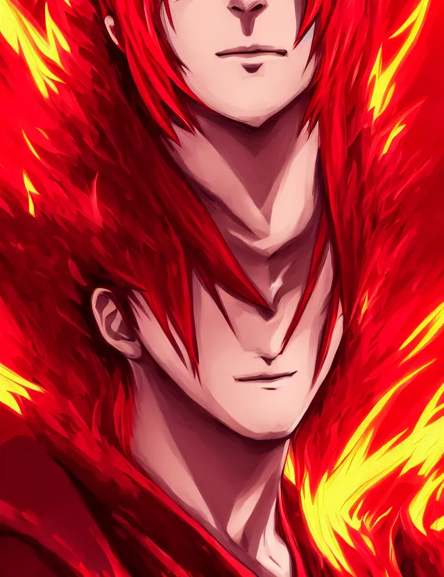 Image similar to a detailed manga portrait of a handsome tall man with spiked crimson hair in fiery crimson crystalline armour, trending on artstation, digital art, 4 k resolution, detailed, high quality, sharp focus, hq artwork, coherent, insane detail, character portrait