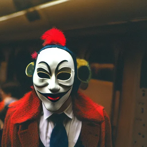 Image similar to fujifilm superia photo of puppet with scary venetian mask, in the empty london underground, dirty, grainy, liminal