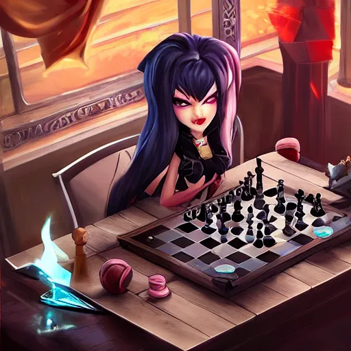 Image similar to Jinx (from league of legends) sitting by a table playing chess, Artgerm, trending