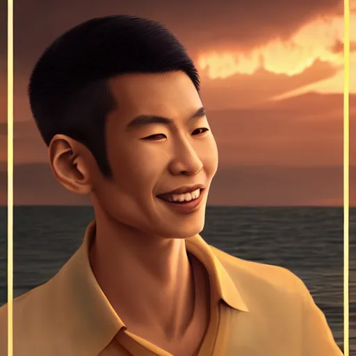 Prompt: beautiful serene intricate photograph of zuko from the fire nation as a young korean man with gold colored eyes, smiling confidently, relaxing on the beach, golden hour, soft focus, 8 k, art by irakli nadar, hyperrealism, hyperdetailed, ultra realistic