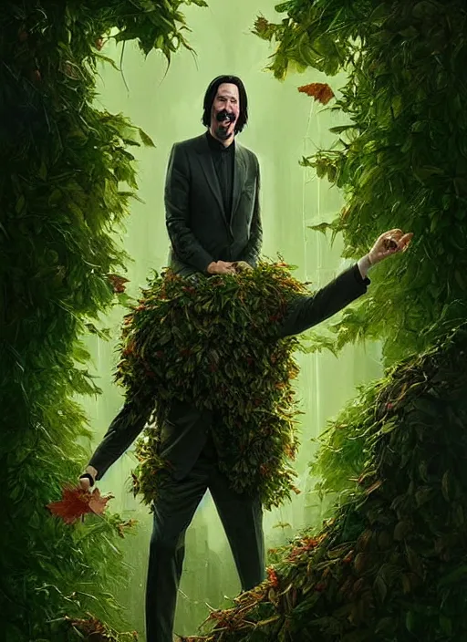 Image similar to highly detailed comedy caper movie poster with silly wacky zany keanu reeves as a sentient pile of leaves, keanu reeves green face as a sentient leafy bush by greg rutkowski, masterpiece, really funny, 1 0 / 1 0 comedy