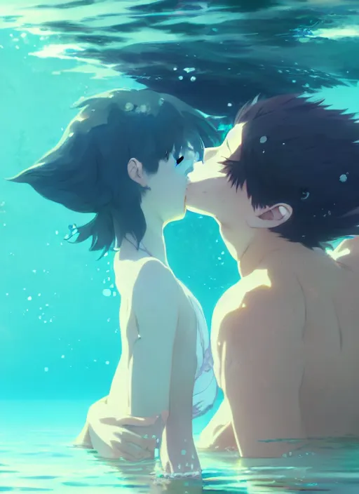 Image similar to boy and girl kiss underwater. illustration concept art anime key visual trending pixiv fanbox by wlop and greg rutkowski and makoto shinkai and studio ghibli