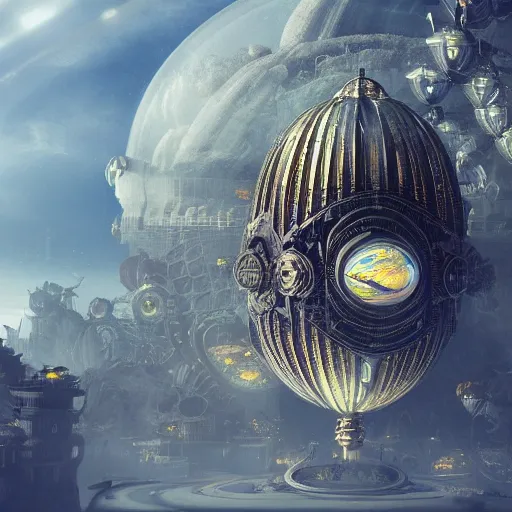 Image similar to enormous flying city in a faberge egg, sky, steampunk, fantasy art, masterpiece, hugh ferriss, octane render, peder balke