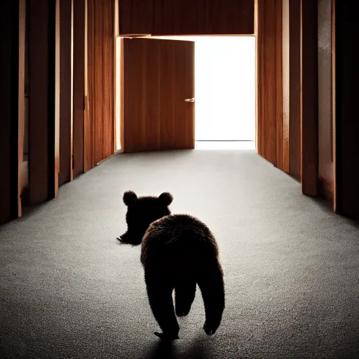 Image similar to dark photograph of a small bear mascot walking through a large wooden doorway