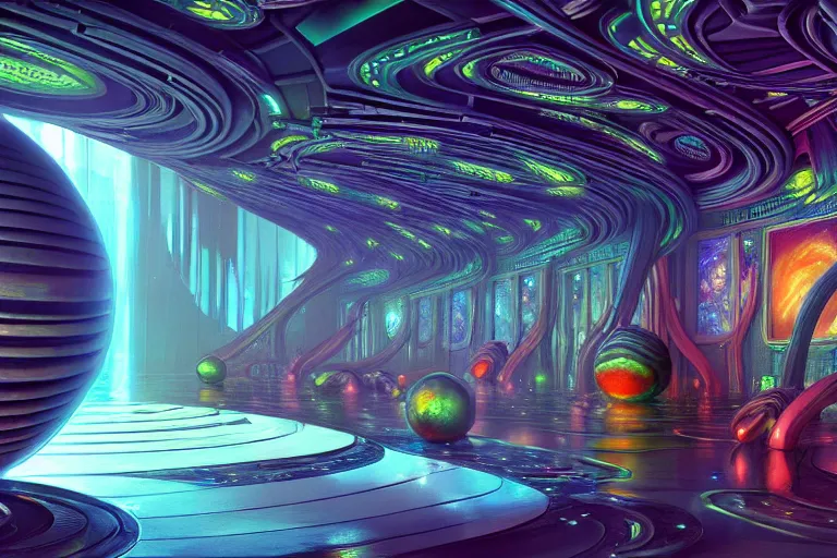 Image similar to a beautiful painting of an elaborate utopian sci - fi scene painted by hr giger and lisa frank, detailed, unreal engine, 4 k octane render, raytracing, volumetric lighting, epic, shadows,