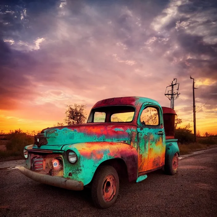 Image similar to a sunset light landscape with historical route 6 6, lots of sparkling details and sun ray ’ s, blinding backlight, smoke, volumetric lighting, colorful, octane, 3 5 mm, abandoned gas station, old rusty pickup - truck, beautiful epic colored reflections, very colorful heavenly, softlight