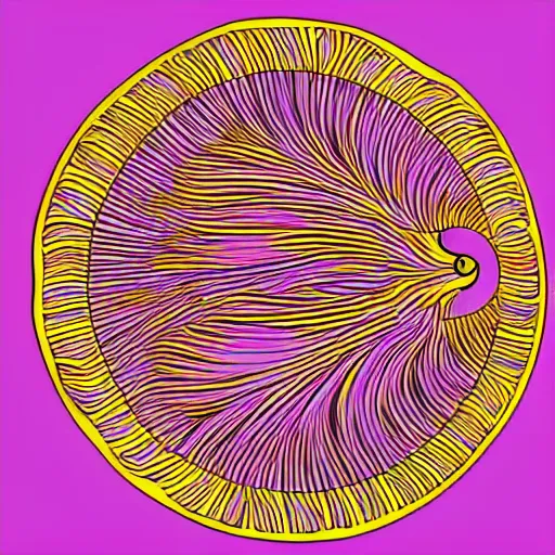 Prompt: phoenix salt bird round composition rebirth orange purple symbolism swirl tail feather graphic design Egyptian style simple design lineart
