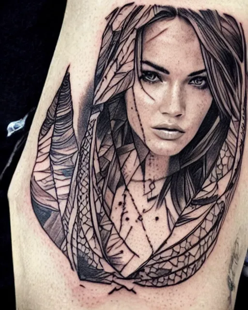 Image similar to double exposure effect tattoo design sketch of megan fox with amazing mountain scenery, realism tattoo, in the style of den yakovlev, amazing detail, sharp