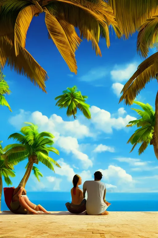 Image similar to conceptual art of 1 couple sitting on a cloud with palms, high in the sky above a paradisiac Caribbeans, mattepainting concept pixar maya engine on stylized background global illumination lighting artstation, in the style of Michelangelo