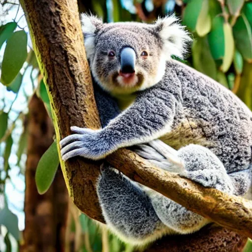 Prompt: sleeping koala in a eucalyptus tree