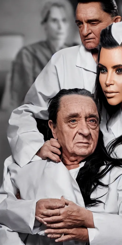 Prompt: johnny cash hugging kim kardashian, kim wearing a nurse outfit, real photo, hospital background, intricate, epic lighting, cinematic composition, hyper realistic, 8k resolution, unreal engine 5