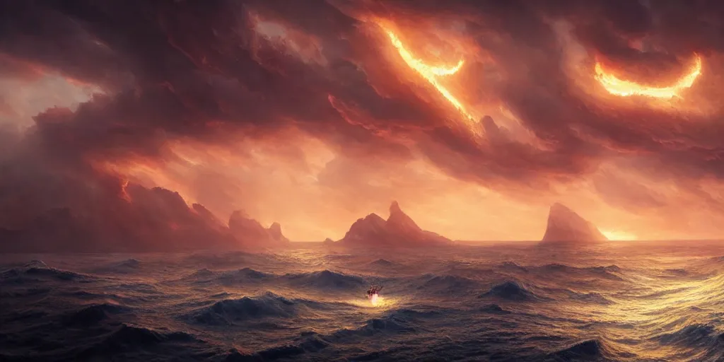 Image similar to matte painting,Epic scene, Fire Phoenix,sea,cloud,by greg rutkowski and Richard Lay,in volumetric lighting, Trending on artstation,HD