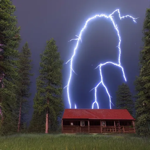 Prompt: a ultra realistic blue lightning arc over a cabin in the wood, by night. cows in the field. pines. horror movie scene, complex, highly detailed, unreal engine 5, 8 k render