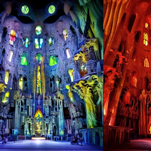 Prompt: glowing translucent theater stage in la sagrada familia, cyberpunk, dark room, science fiction magazine, cut up collage, 4 k close up, wide angle