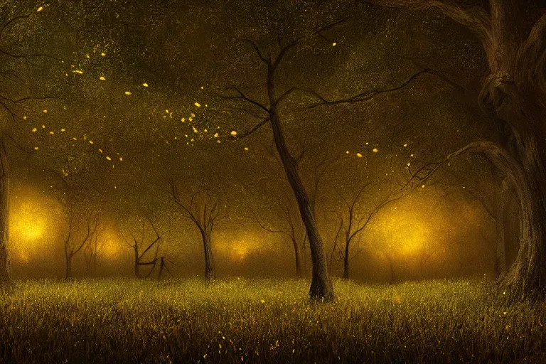 Image similar to masterpiece painting, fireflies cloud illuminating an old antic oak forest at night, spiral movement, peaceful scene, light fog, 8 k octane render, atmospheric effects, by jean hugo, motion blur, artstation, deviantart