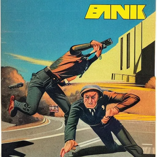 Prompt: 1979 OMNI Magazine, bank robbers fleeing the police, Highly Detailed, 8k :4 by Vincent Di Fate : 8