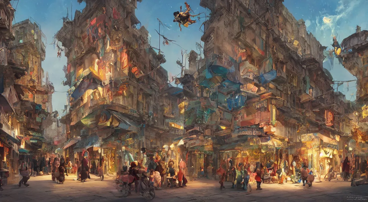 Image similar to bazaar zouk oriantal place mosquet multicolorful sky shine matte painting, street art, trending on artstation, by huang guangjian and gil elvgren and sachin teng