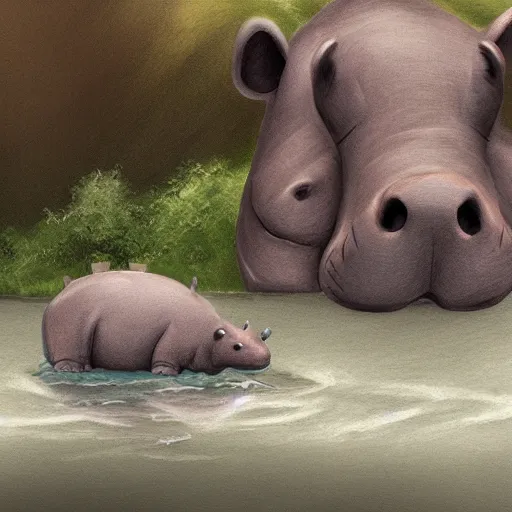 Prompt: sad hippo waking up in a beautiful river landscape, drawn by brigette barager, trending on artstation