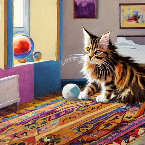 Prompt: cream color maine coon cat chasing a cat-toy-ball in a sunlit bedroom, hardwood floors with a colorful tattered old throw rug, bay window sofa in the background, fun, energetic, amusing, cute, funny, in style of Greg Hildebrandt, trending on art station