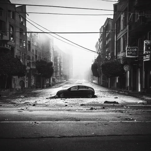 Prompt: a wandering horse left on the street, dark smoke in the background, filthy streets, broken cars. Vines growing. Jpeg artifacts. Trending on flickr. Samyang/Rokinon Xeen 50mm T1.5