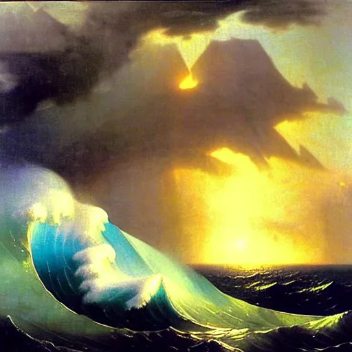Image similar to huge ocean wave destroys numenor, by aivazovsky