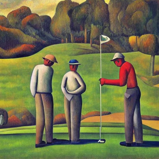 Image similar to Three golfers on a beautiful golf course, by Diego Rivera