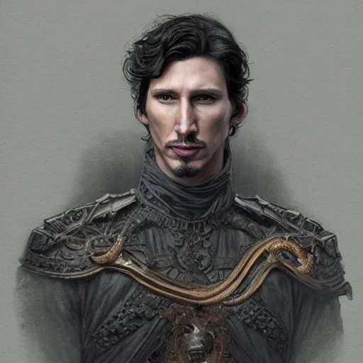 Image similar to portrait of stoic king adam driver beautiful queen john oliver, full body, military uniform, fantasy, intricate, elegant, beautiful, highly detailed, charcoal, centered, dark, smokey, digital painting, artstation, concept art, smooth, sharp focus, illustration, art by artgerm and greg rutkowski and alphonse mucha