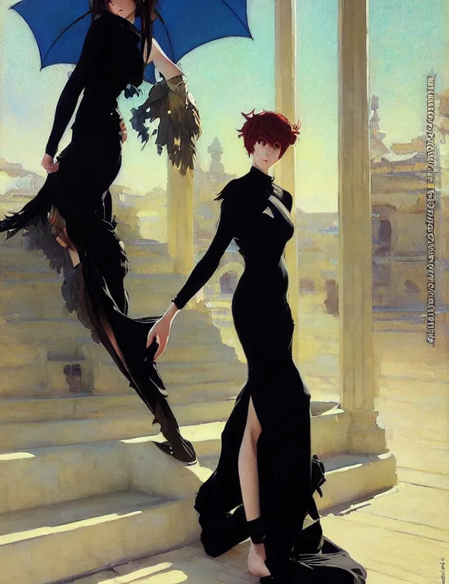 Image similar to savvy — today at 4 : 0 2 pm beautiful anime woman in tight black dress with high slit, krenz cushart, mucha, by joaquin sorolla rhads leyendecker, by ohara koson