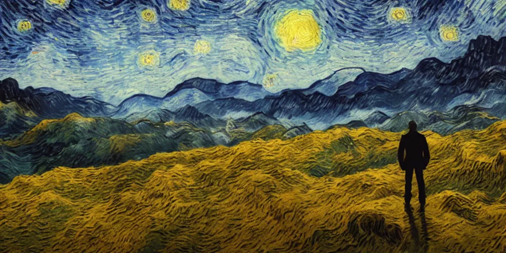 Image similar to landscape, mountain ranges, sky, style of Van Gogh starry night, atmospheric, cinematic, photographic, photoreal, artstation, digital art, small man center standing on mountain, valley mist, fog, hazy, glow