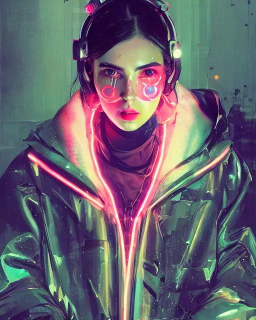 Prompt: detailed ana de armas portrait Neon Operator Girl, cyberpunk futuristic neon, reflective puffy coat, decorated with traditional Japanese ornaments by Ismail inceoglu dragan bibin hans thoma greg rutkowski Alexandros Pyromallis Nekro Rene Maritte Illustrated, Perfect face, fine details, realistic shaded, fine-face, pretty face