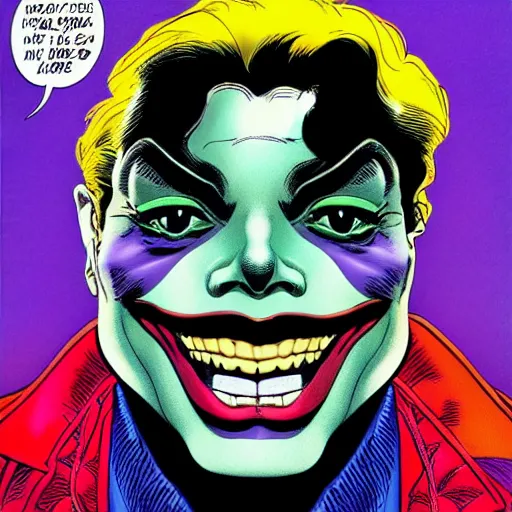 Image similar to dynamic macro head portrait of beautifu michael jackson as the joker in white sequined jacket by john romita sr and cory walker and ryan ottley and jack kirby and barry windsor - smith, comic, illustration, photo real