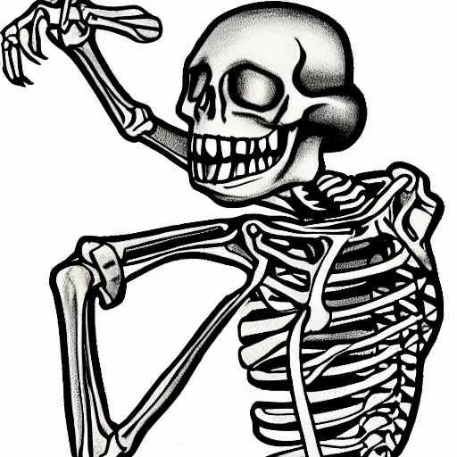 Prompt: drawing of a skeleton with the twitch pog emote