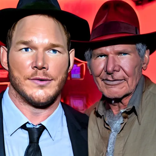 Image similar to chris pratt as indiana jones 5, epic pose, selfie with harrison ford