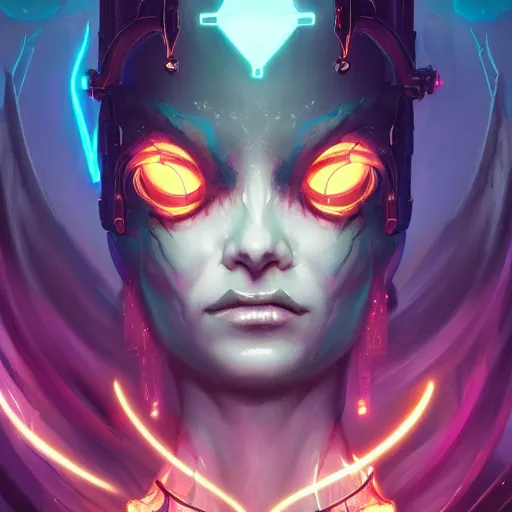 Prompt: a portrait of a beautiful demonic cybernetic queen of hell, cyberpunk concept art by pete mohrbacher and wlop and artgerm and josan gonzales, digital art, highly detailed, intricate, sci-fi, sharp focus, Trending on Artstation HQ, deviantart, unreal engine 5, 4K UHD image