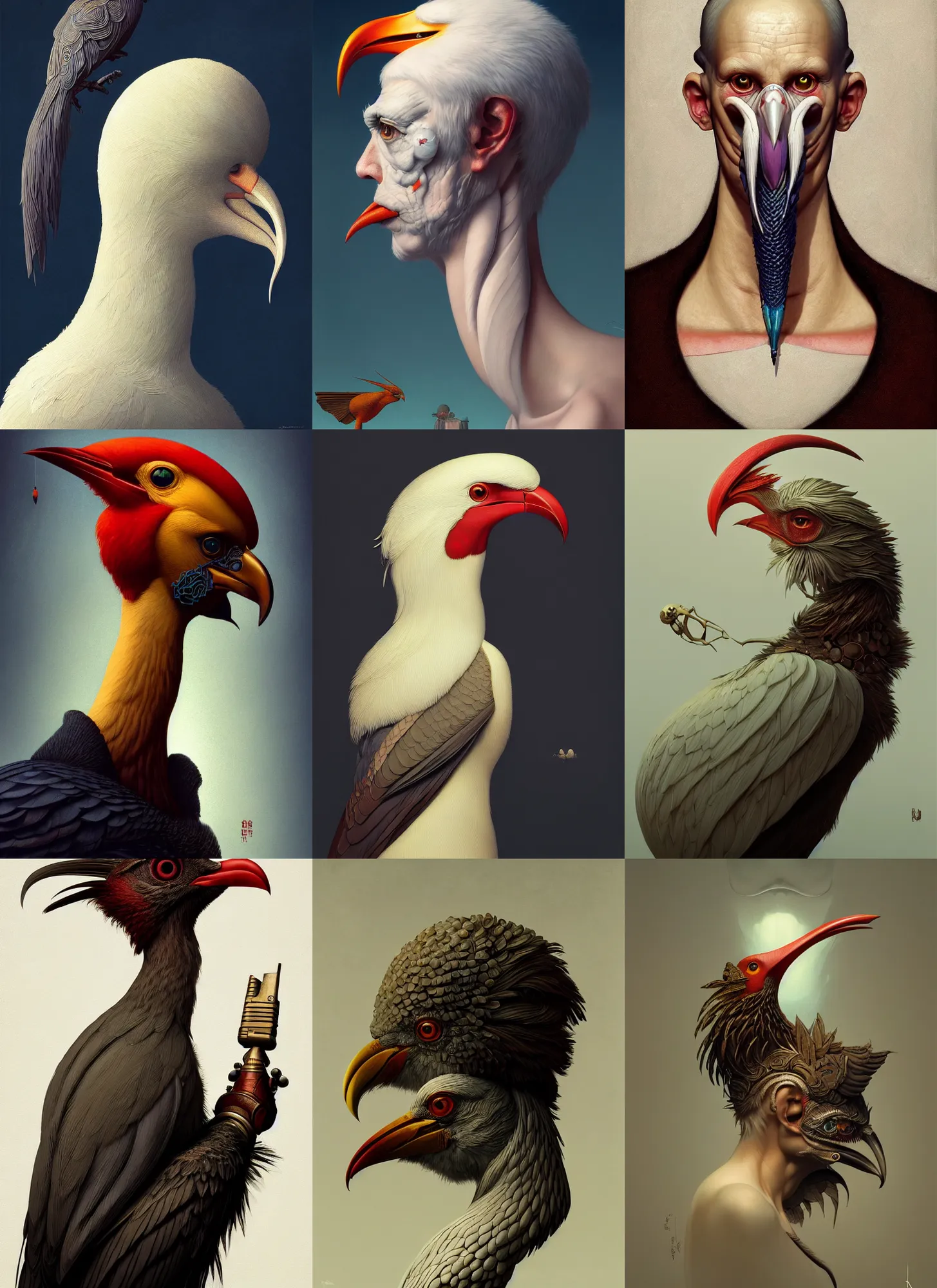 Prompt: rpg! profile! portrait of a surreal humanoid bird on white background, beak, intricate, highly detailed, digital painting, artstation, concept art, smooth, sharp focus, illustration, art by norman rockwell ponzi remnev lossel currin jasinski albright hsiao - ron cheng, 8 k
