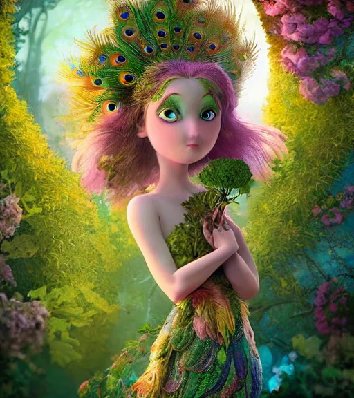 Prompt: An epic fantasy comic book style portrait painting of an extremely cute and adorable very beautiful peacock dryad, character design by Mark Ryden and Pixar and Hayao Miyazaki, unreal 5, DAZ, hyperrealistic, octane render, cosplay, RPG portrait, dynamic lighting, intricate detail, harvest fall vibrancy, cinematic