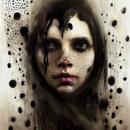 Prompt: portrait of a woman with long black hair and dozens of grubs on her face, coming out of holes in her skin, trypophobia, horror art, dramatic lighting, illustration by Greg rutkowski, yoji shinkawa, 4k, digital art, concept art, trending on artstation