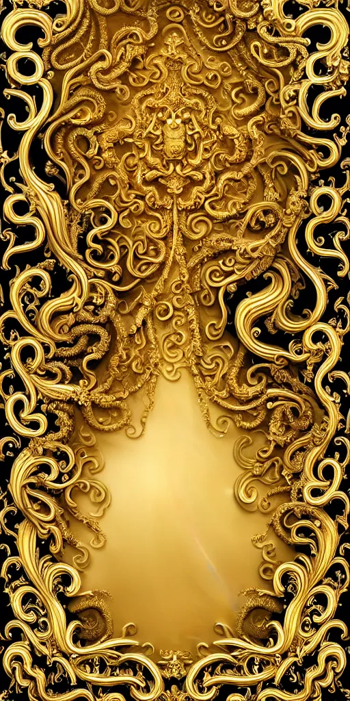 Image similar to the source of future growth dramatic, elaborate emotive Golden Baroque and Rococo styles to emphasise beauty as a transcendental, seamless pattern, symmetrical, large motifs, bvlgari jewelry, rainbow liquid splashing and flowing, Palace of Versailles, 8k image, supersharp, spirals and swirls in rococo style, medallions, iridescent black and rainbow colors with gold accents, perfect symmetry, High Definition, sci-fi, Octane render in Maya and Houdini, light, shadows, reflections, photorealistic, masterpiece, smooth gradients, high contrast, 3D, no blur, sharp focus, photorealistic, insanely detailed and intricate, cinematic lighting, Octane render, epic scene, 8K